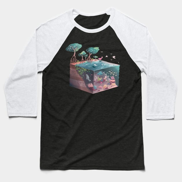 Isometric Coral Reef and Mangrove Ecosystem Baseball T-Shirt by narwhalwall